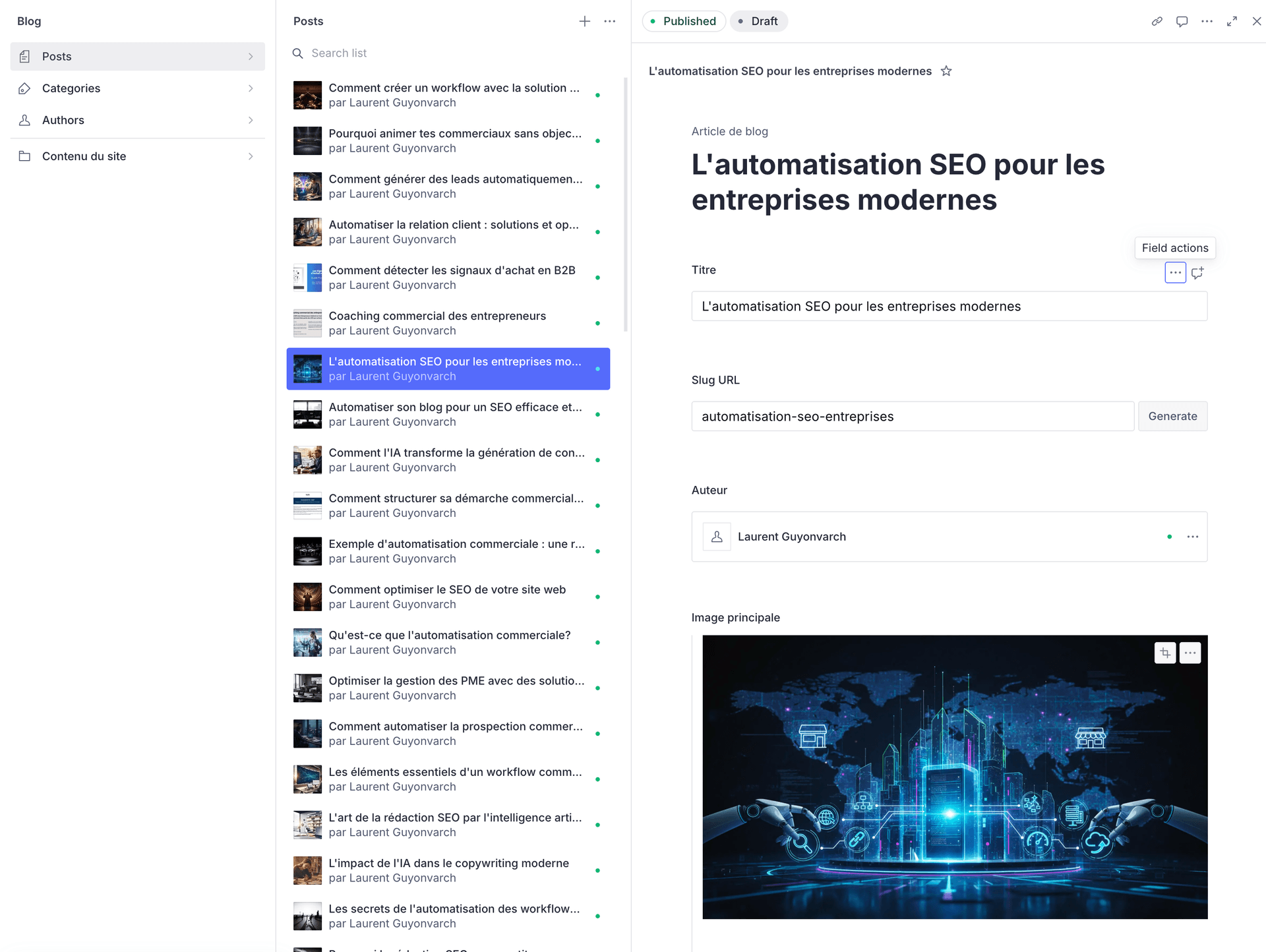 Tableau de bord Sanity CMS — gestion articles SEO — SalesExperienz
