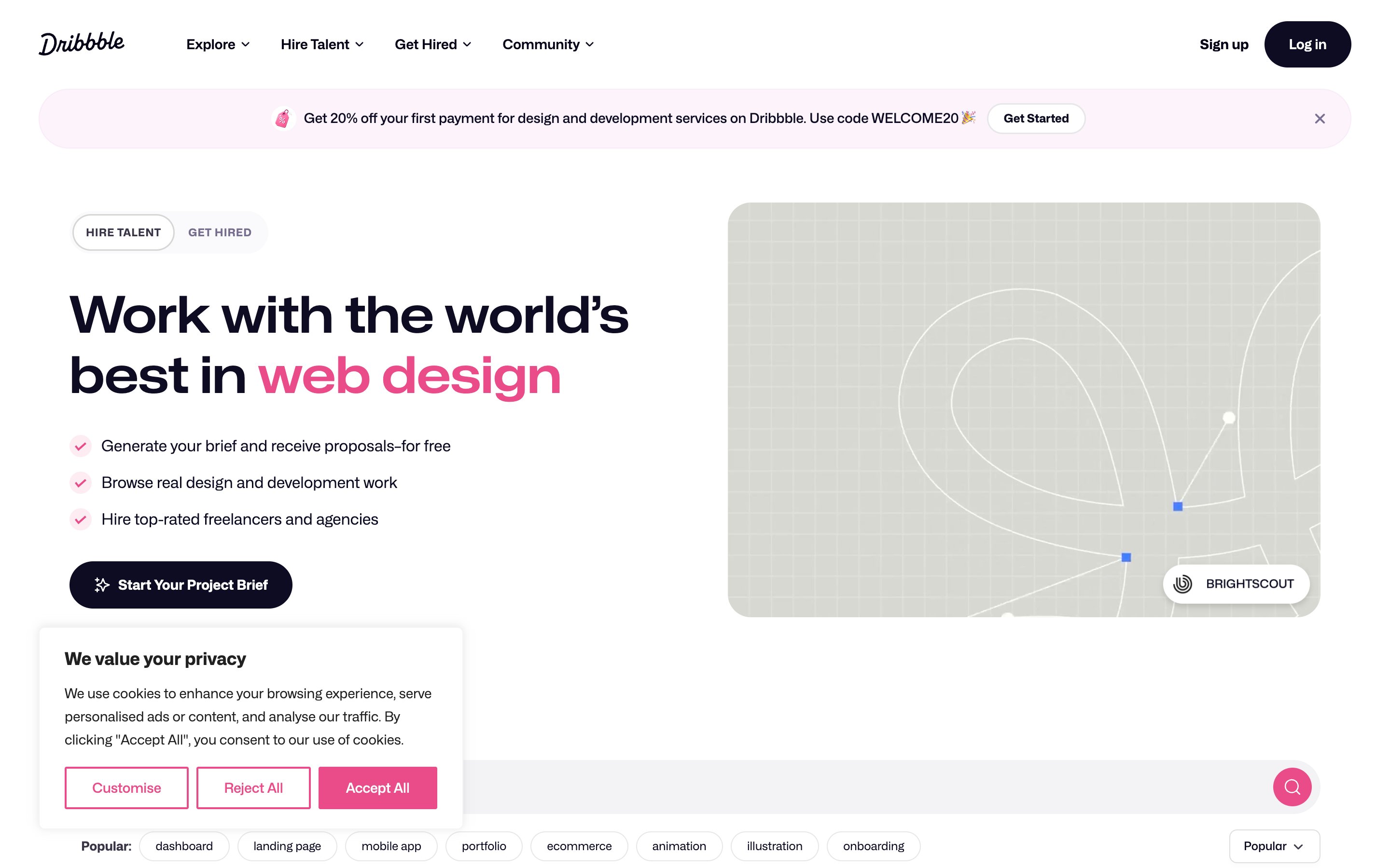 Page d'accueil de Dribbble, une communauté de designers qui partagent leurs créations