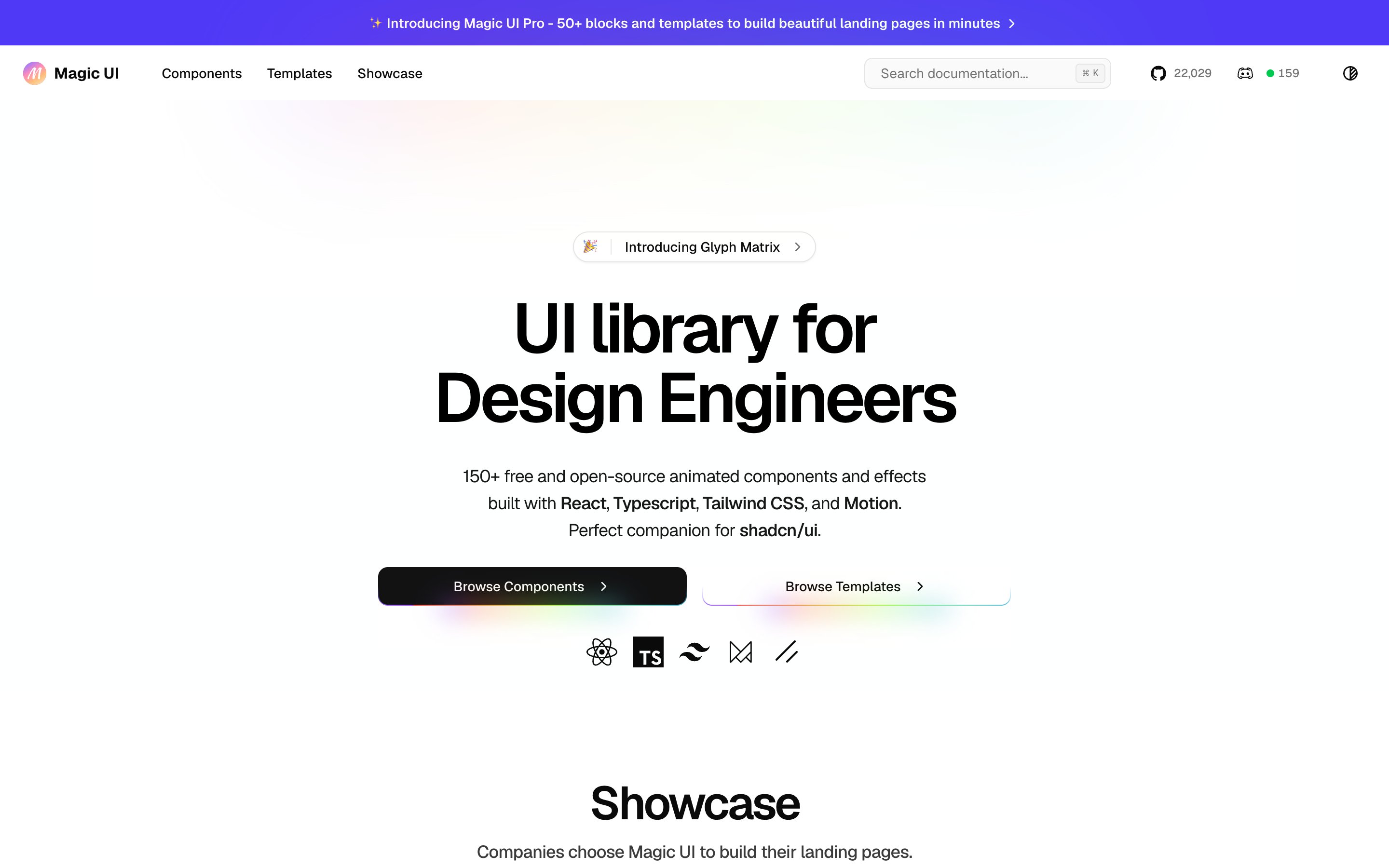 Page d'accueil de Magic UI, une galerie de composants animés en open source