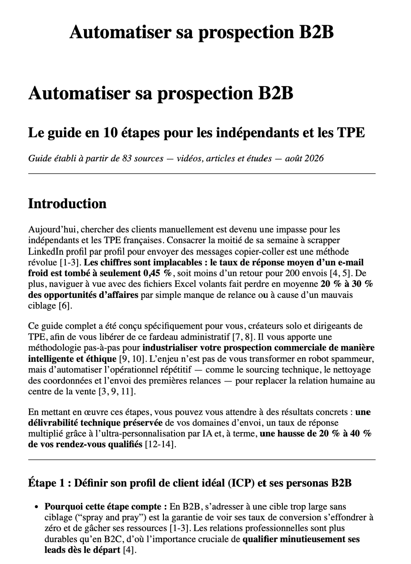 Première page du PDF obtenu : titre, introduction et premières étapes du guide mis en page