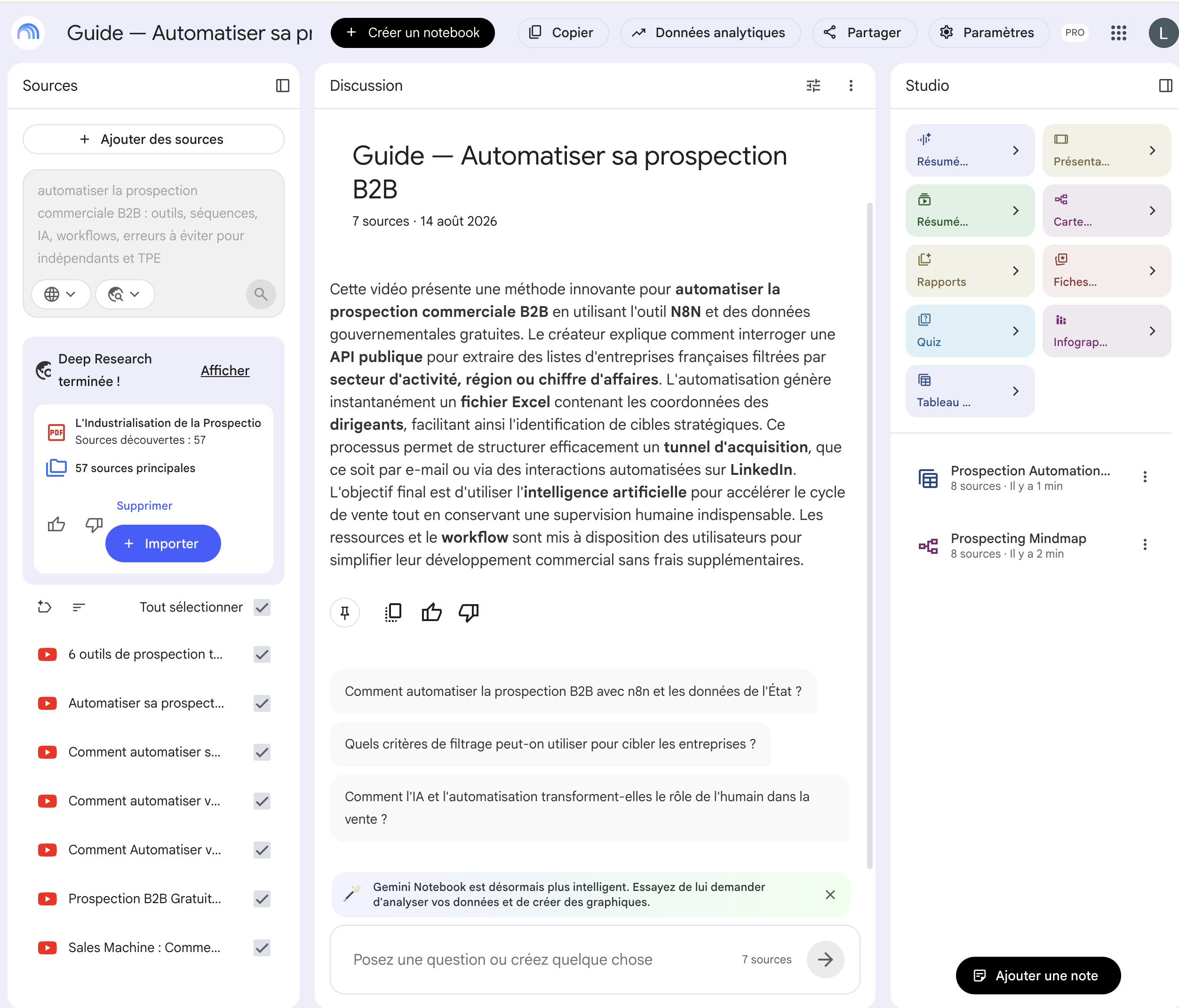 Le notebook créé depuis Claude Code : 7 vidéos YouTube en sources, une recherche approfondie ayant trouvé 57 sources, et les livrables générés dans le Studio