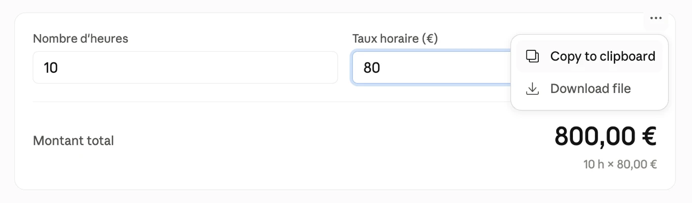 Un simulateur de facturation qui calcule 800 euros pour 10 heures à 80 euros, avec le menu proposant de télécharger le fichier