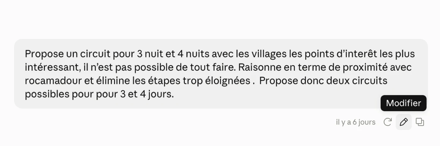 Un message envoyé, survolé à la souris, avec l'icône crayon et l'infobulle Modifier