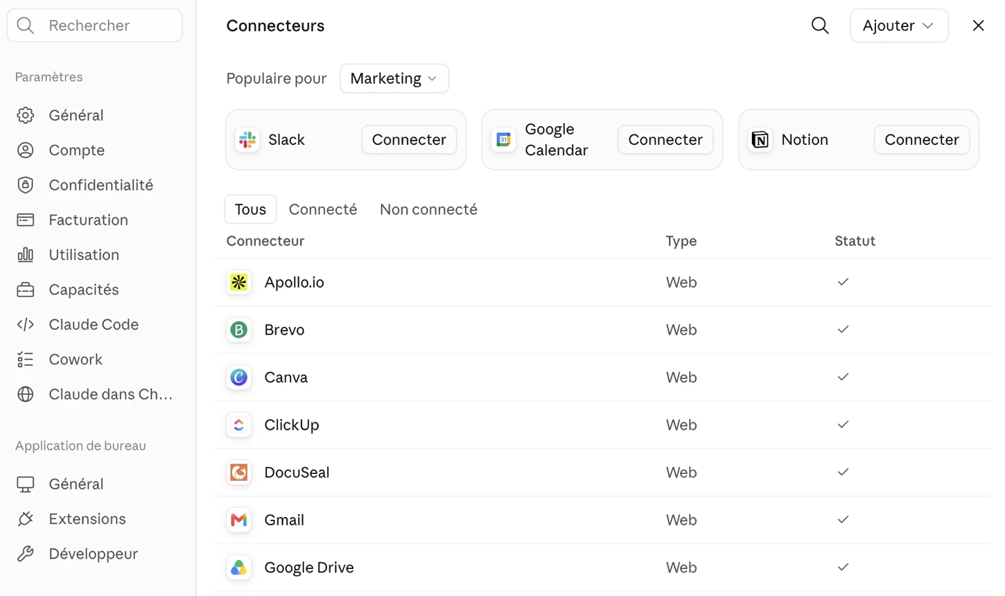 La liste des connecteurs disponibles, avec le filtre connecté ou non connecté et le statut de chacun