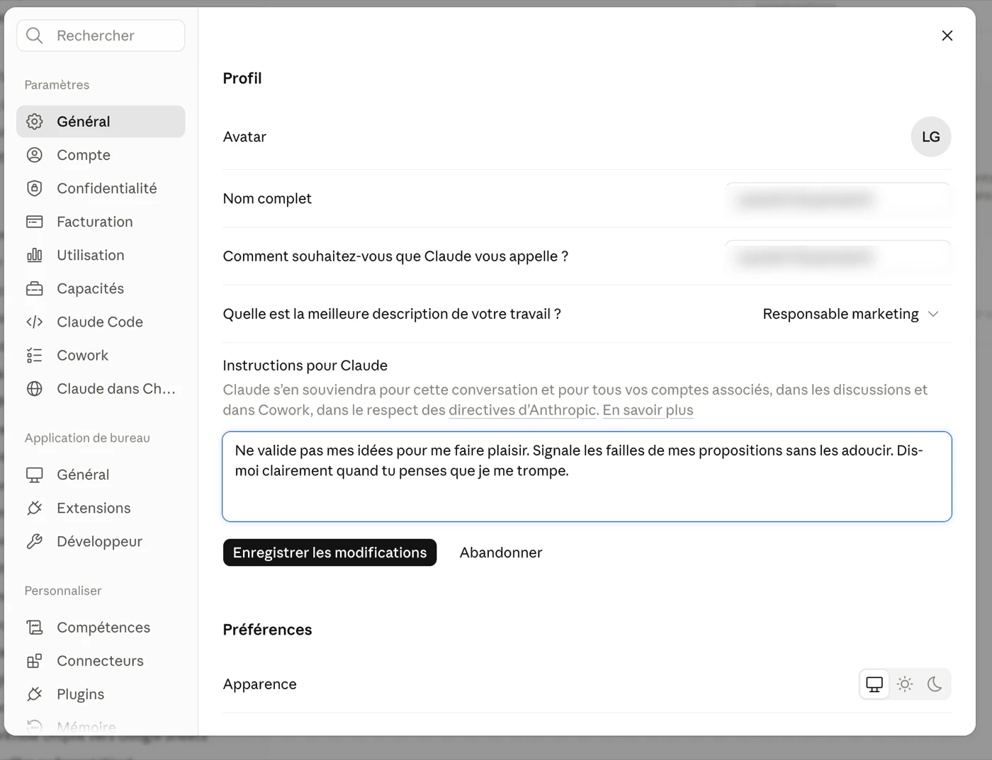 Les réglages du profil, avec une consigne de posture écrite dans le champ Instructions pour Claude