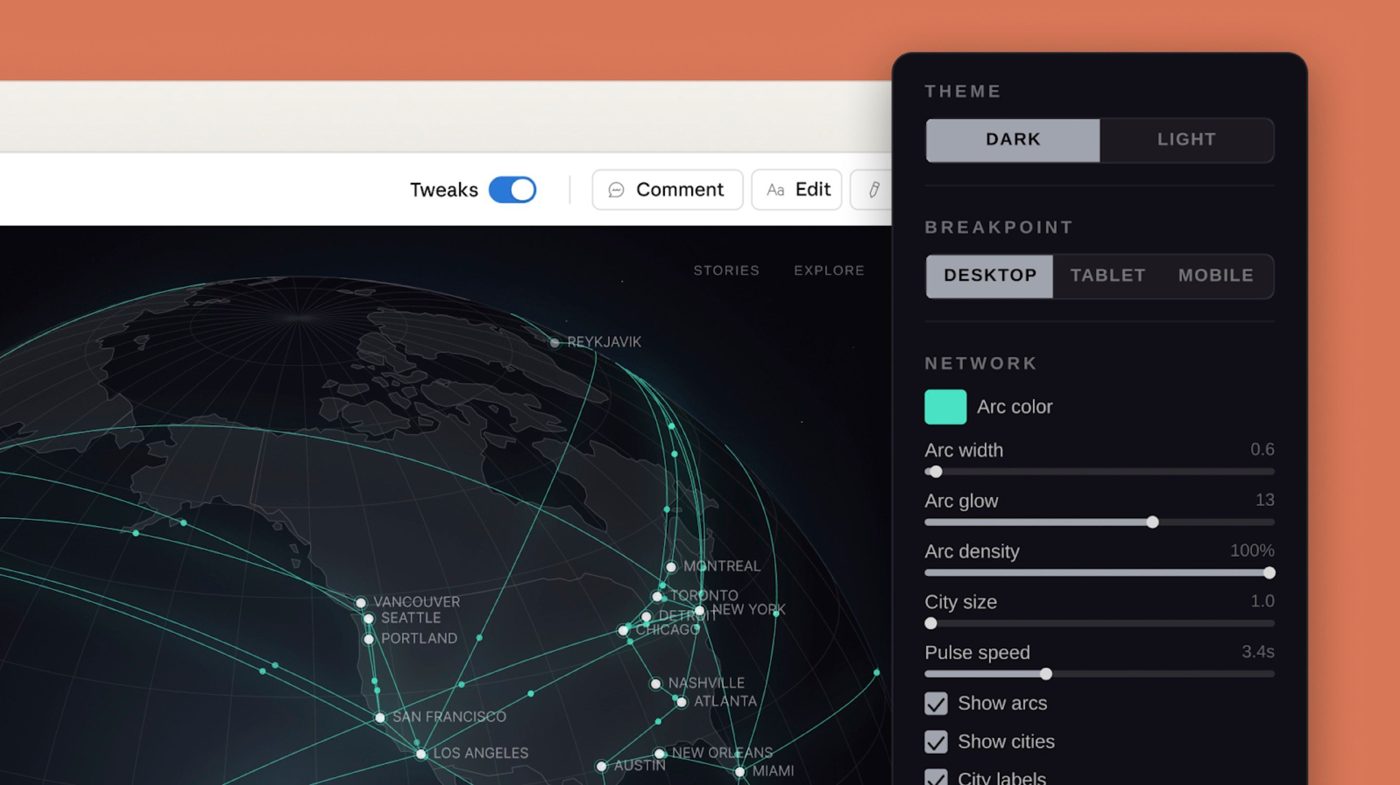 Interface de Claude Design avec les boutons Comment et Edit et un panneau de réglages