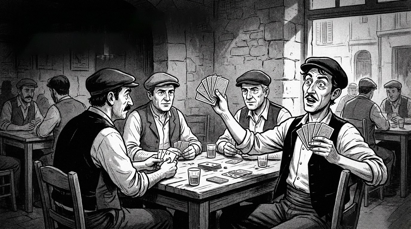 Quatre joueurs de cartes attablés dans un bar marseillais, l'un d'eux lançant sa réplique à son partenaire