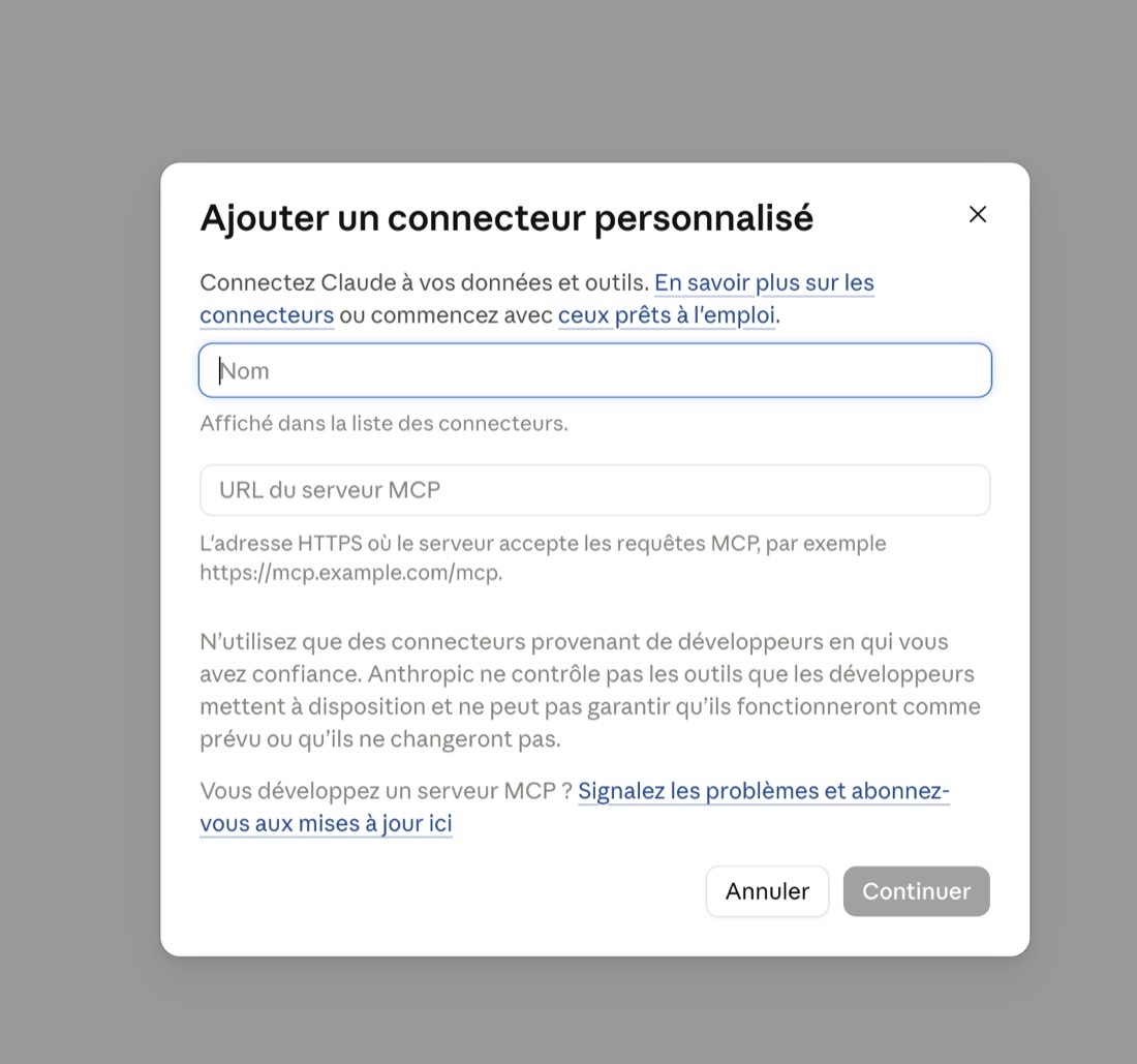 La fenêtre « Ajouter un connecteur personnalisé » de Claude, avec les champs Nom et URL du serveur MCP