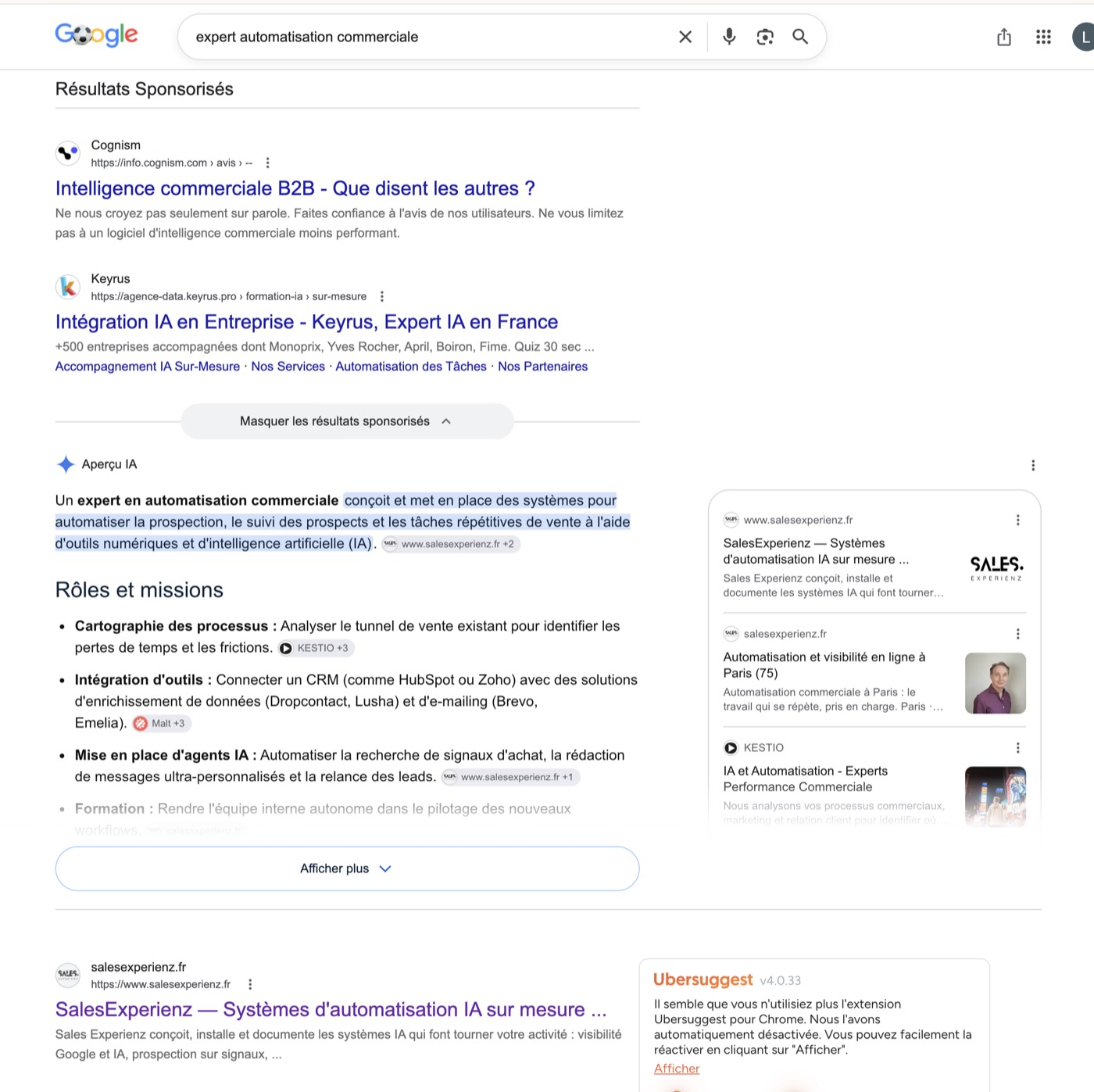 Page de resultats Google pour la recherche expert automatisation commerciale, montrant un Apercu IA et un site de consultant cite comme source.