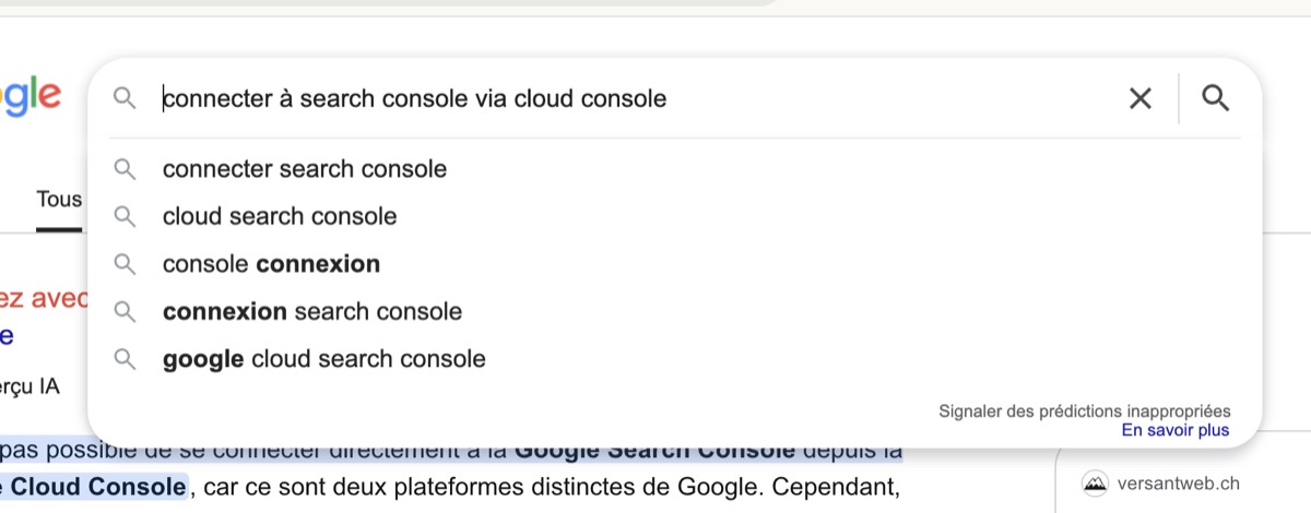 Suggestions automatiques de Google apparaissant sous la barre de recherche pendant la saisie.
