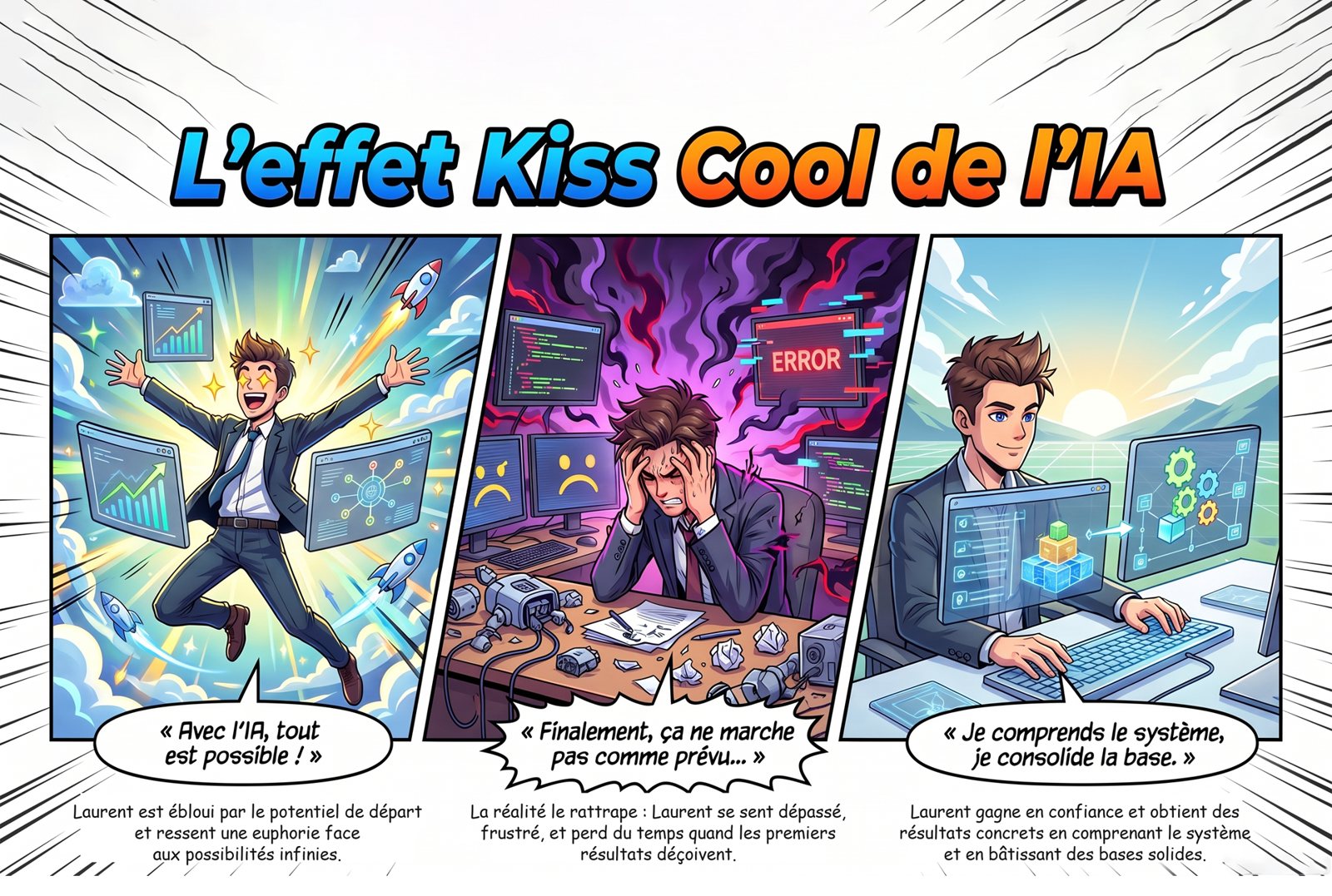 Bande dessinée en trois cases : l'euphorie, le découragement, la sérénité